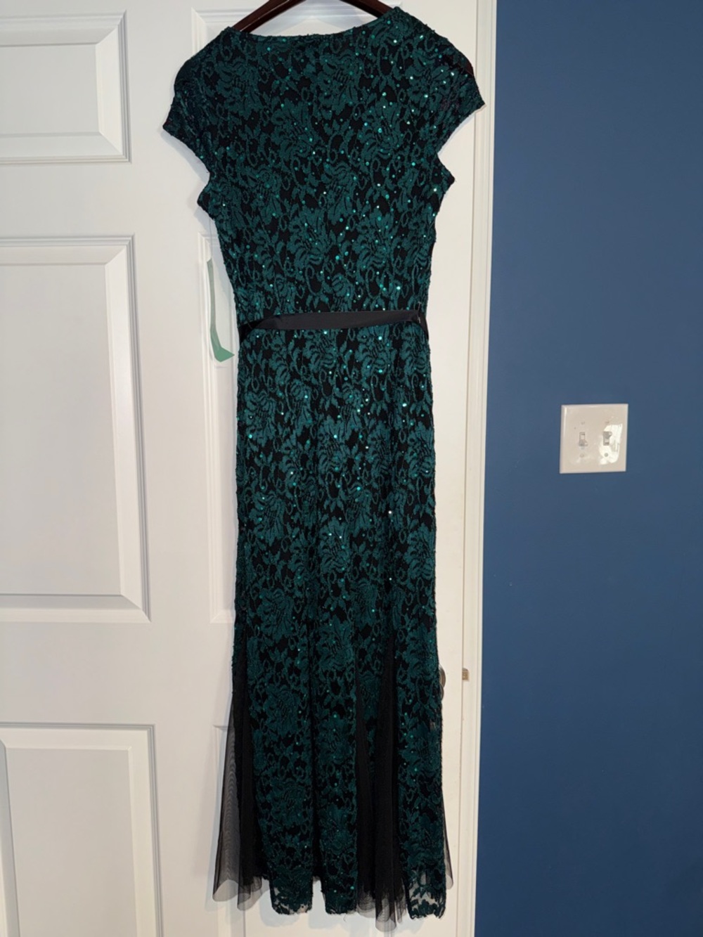 Emerald Green Lace Sequin Maxi Dress with Satin Waist Tie - Picture 3 of 3